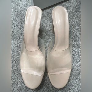 Clear sandals, with chunky nude heel fits like a 10-10.5